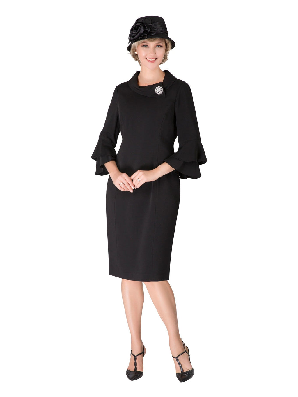 Draped Collar Bell Sleeve Shift Dress-Plus