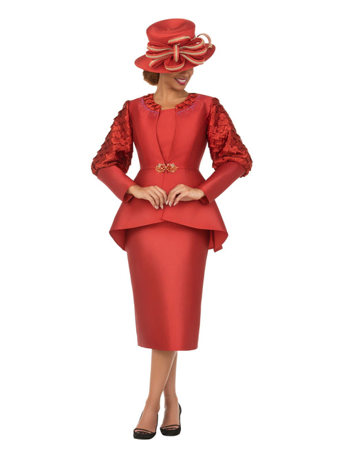 3pc Skirt Suit w/ Puff Sleeves&Sculpted Peplum Jkt