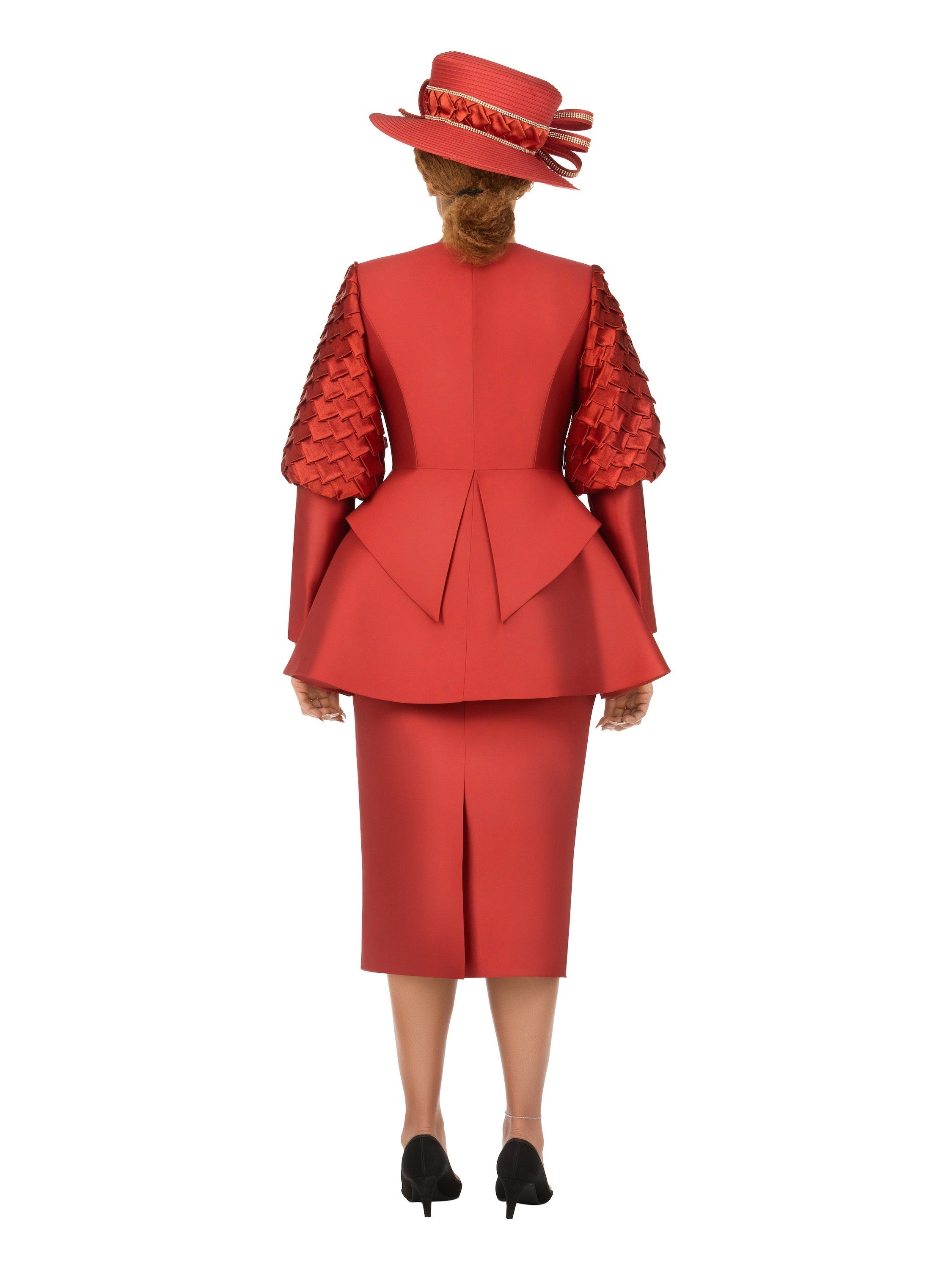 3pc Skirt Suit w/ Puff Sleeves&Sculpted Peplum Jkt